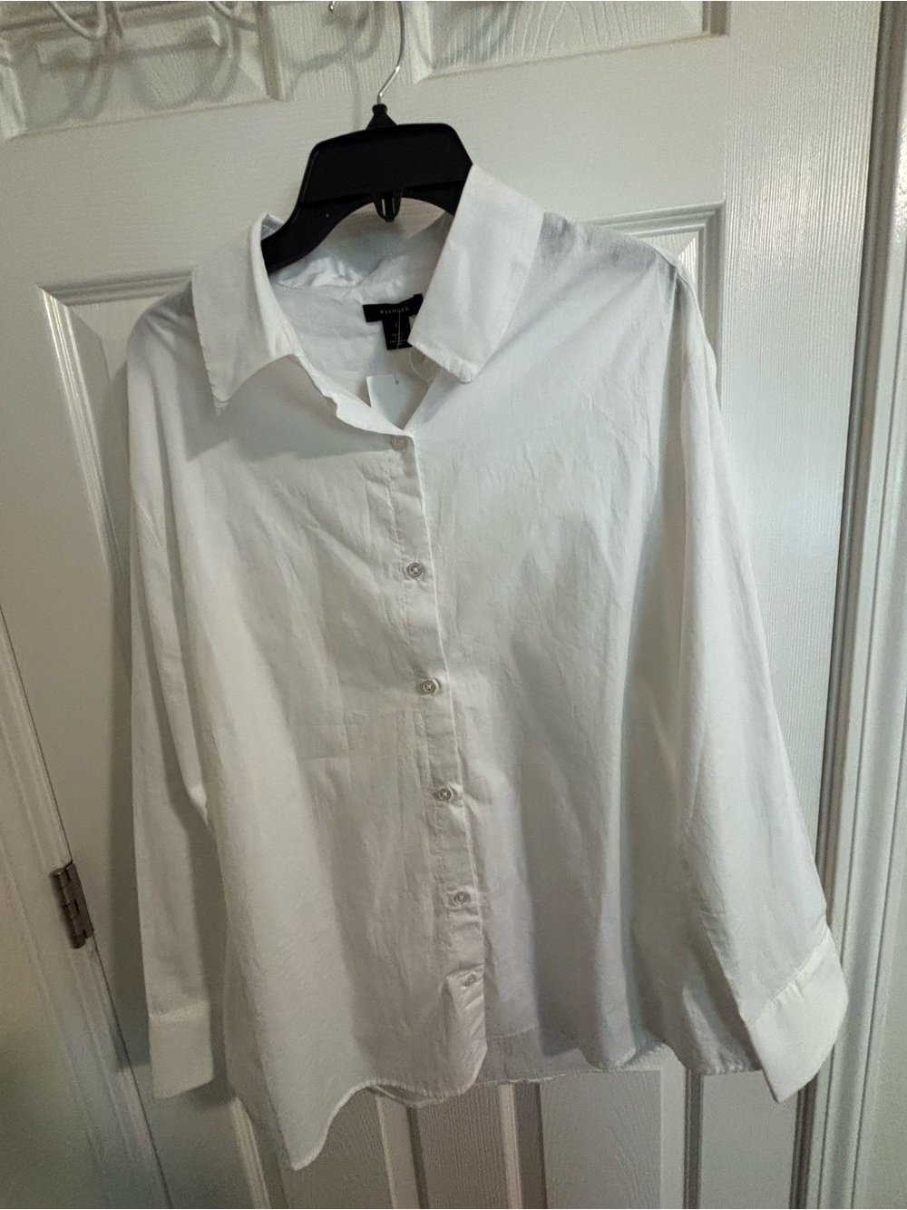 Women Halogen Cotton White Button-Up Shirt Size Large
